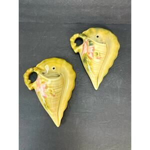 Vintage Hull Wall Pockets Pair Set Woodland Floral Green Pink 1940s Conch Shell
